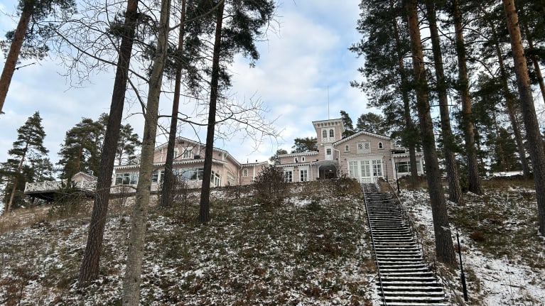 Vaaleanpunainen puurakenteinen Hotelli Punkaharju mäen päällä puiden takana.