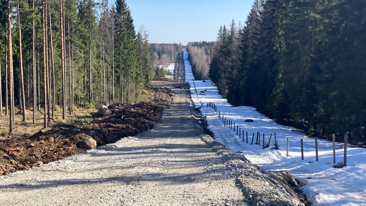 Suomen ja Vneäjän välinen raja. Keskellä menee piikkilanka-aita. Vneäjän puolella lumista. 