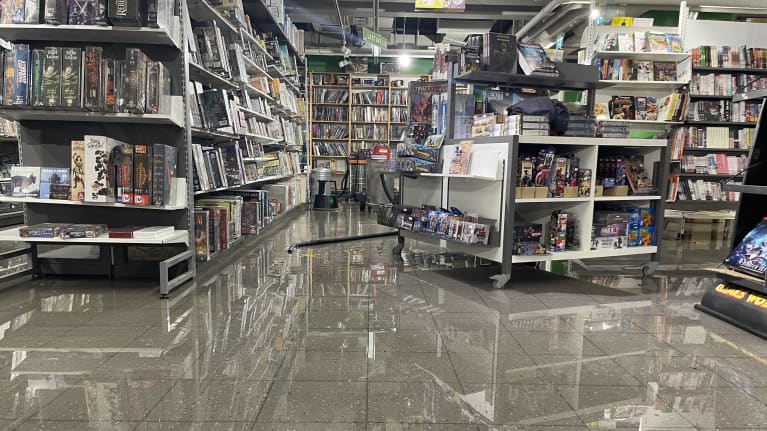 Photo of a flooded board game shop in central Helsinki.