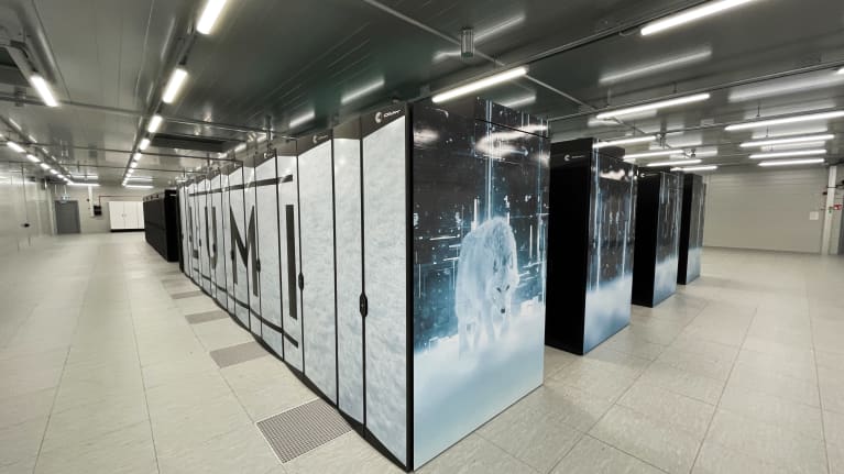 A large hall with cabinets with the word LUMI and an image of a wolf.