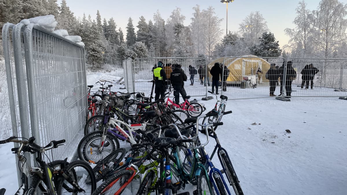 Polkupyöriä ja aitauksen sisällä teltta ja ihmisiä.
