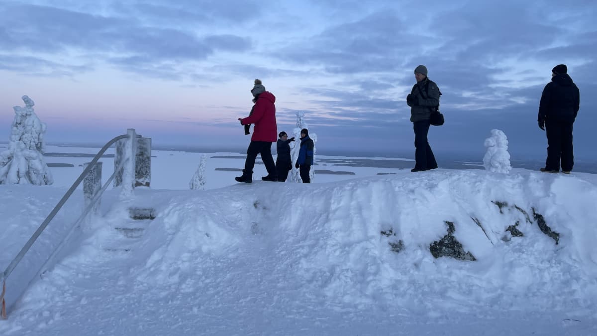 Ihmiset vierailevat Kolin huipulla talvi-illan sinisessä pakkasessa. 