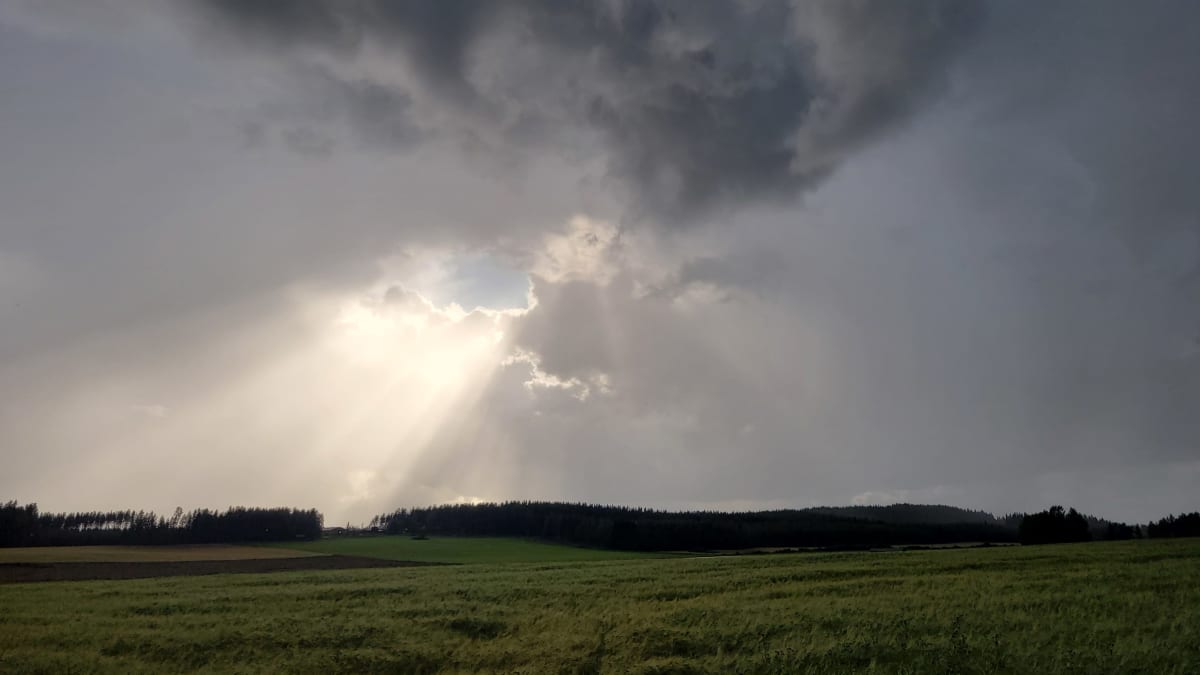 Auringonsäteet pilkistävät ukkospilven rakosesta. Peltomaisemaa ja synkkä taivas. 
