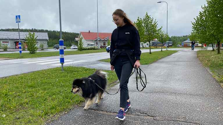 Ung tjej promenerar i centrum med kopplad hund.