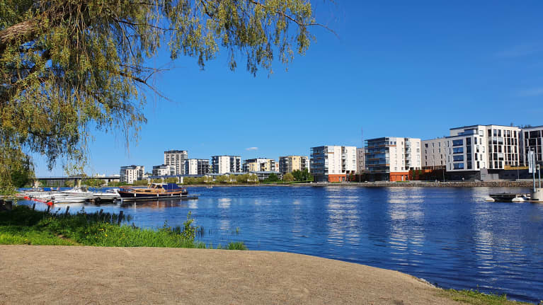 Pielisjoki virtaa ja taivas on pilvetön Joensuussa. Taustalla näkyy Penttilänrannan joen rannassa olevia kerrostaloja.