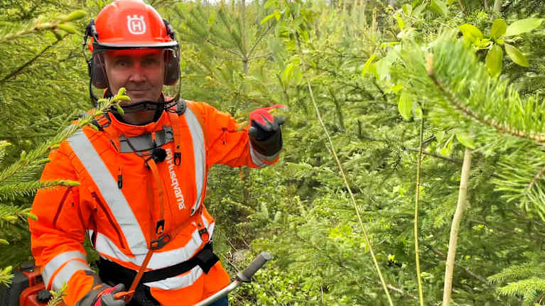 En man i orangefärgade kläder står i tät skog.