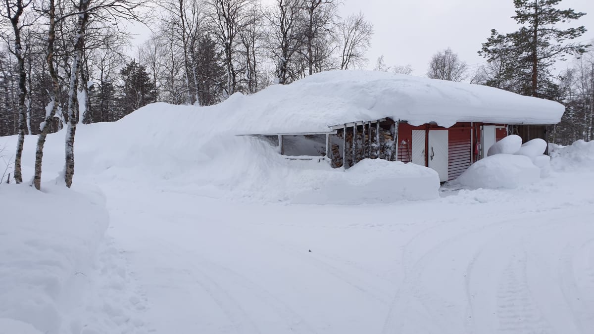 Kittilän Pokassa lunta on eniten Suomessa ja se näkyy rakennusten katoilla