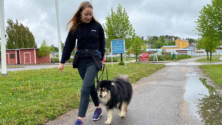 Ung tjej går med kopplad hund i samband med träningsuppdrag.