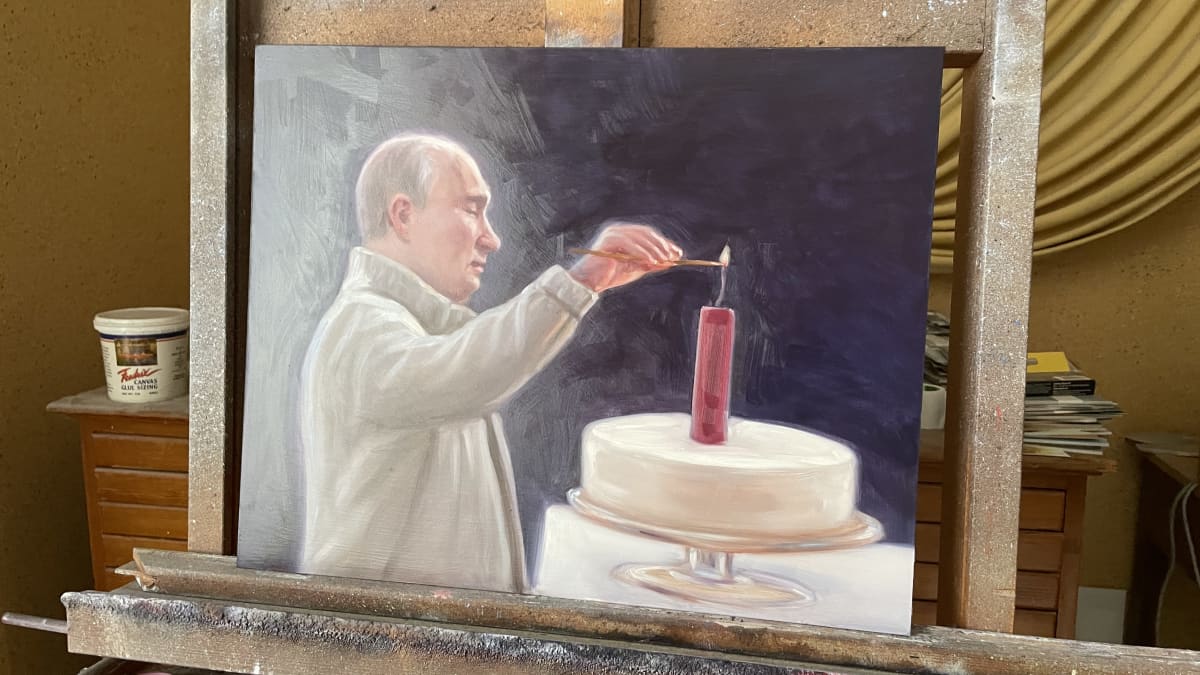 Venäjän presidentti syttää maalauksessa kakun päällä olevaa dynamiittipötköä