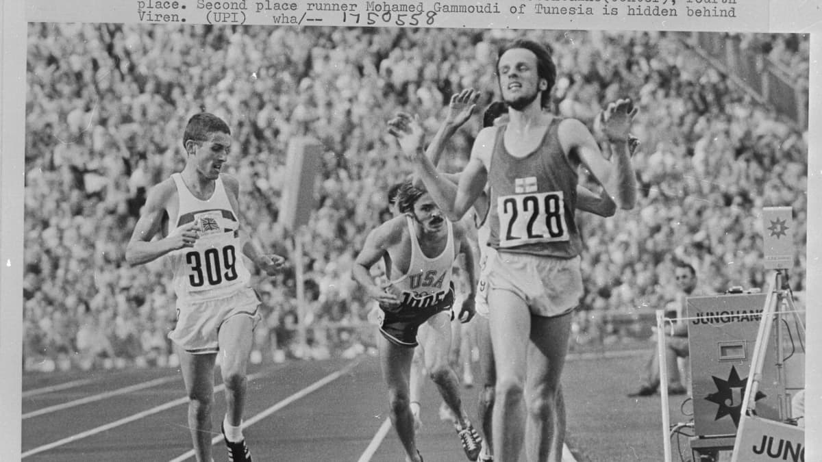 10. syyskuuta 1972. Lasse Virén saapuu maaliin ennen mitalisteja Mohamed Gammoudia (Virénin takana) ja Ian Stewartia (309).