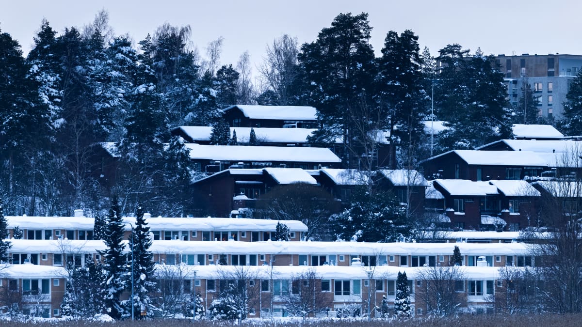 Asuntoja Espoossa lumisessa maisemassa.