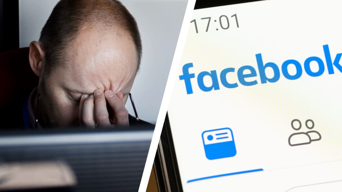 Kuvapari, jossa toisessa mies pitelee otsaansa tietokoneen äärellä istuessaan ja toisessa on lähikuva Facebookin etusivun näkymästä puhelimella.