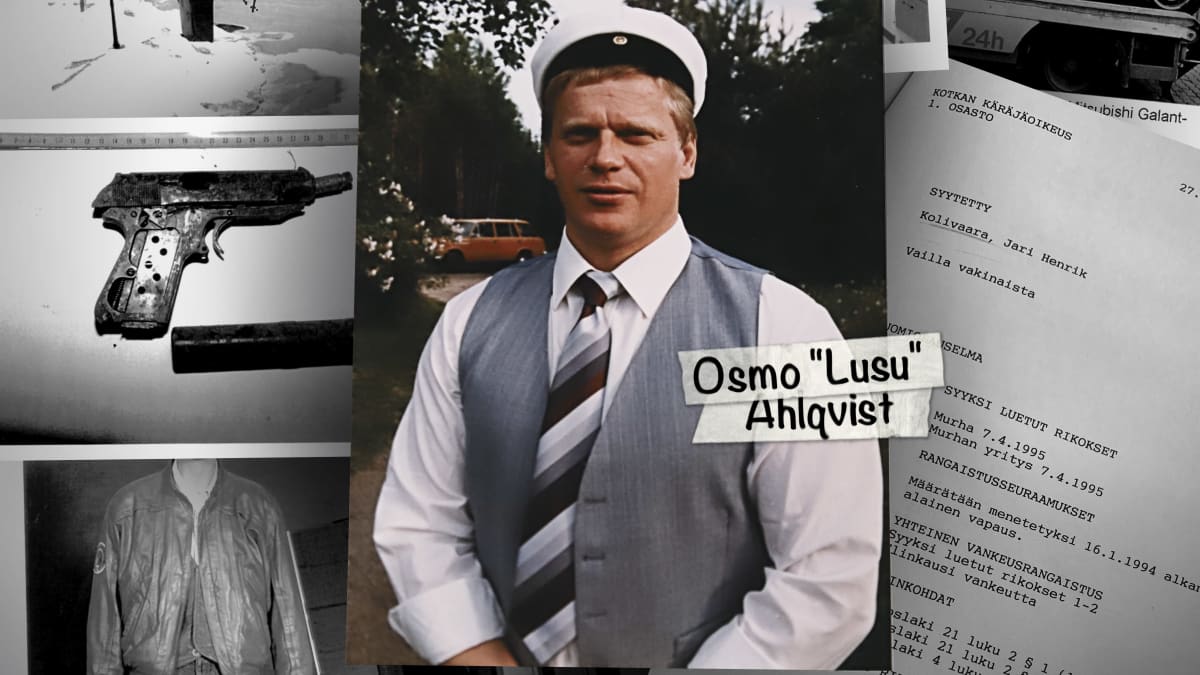 Kuvakollaasi Osmo "Lusu" Ahlqvistin murhatutkinnan ympäriltä. Kuvassa keskellä Osmo Ahlqvist ja taustalla esitutkintamateriaali kuvia.
