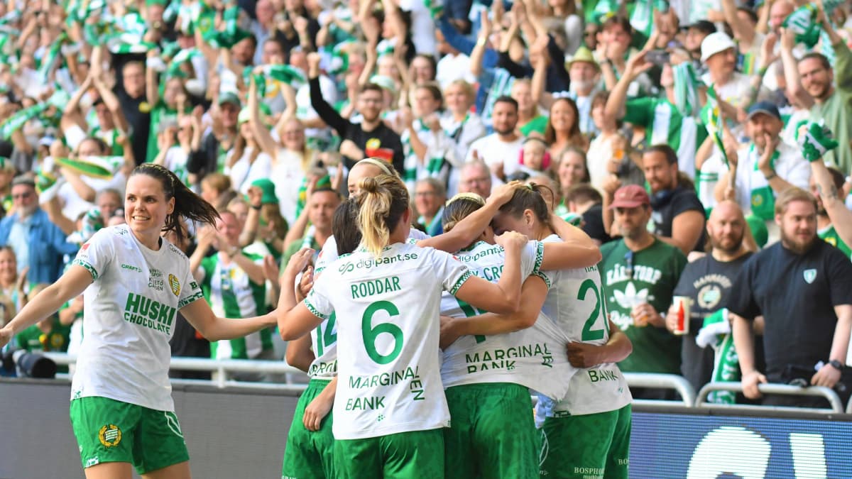 Hammarbyspelare jublar framför läktaren.