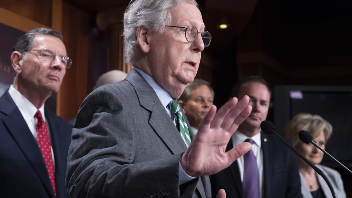 Mitch McConnell puhuu, nostaa oikeaa kättään torjuvasti. Taustalla muista republikaaneja. 