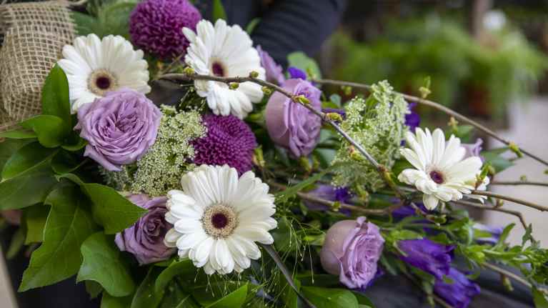 Kukkakaupan hautaijaiskukkalaitteessa valkoisia ja violetteja kukkia.