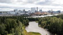 Metsä Fibren Kemin tehdasalue elokuussa 2023. Kuvassa ovat muun muassa uusi ja vanha soodakattila. Edustalla metsää ja Majaputaan uomaa.