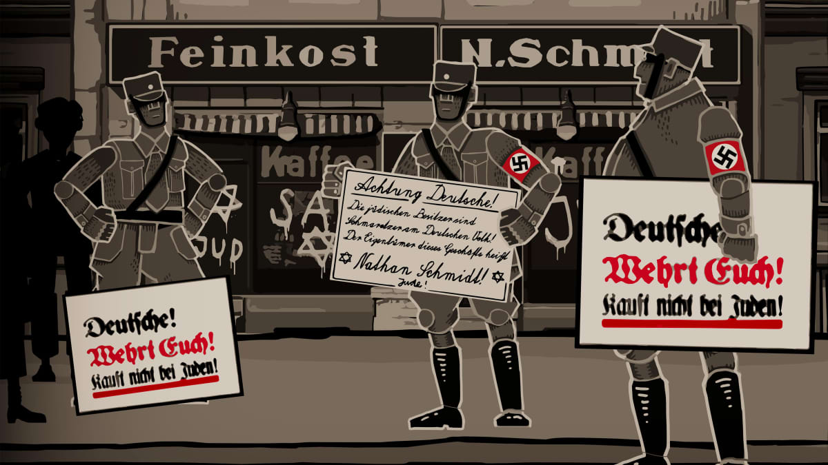 Kuvakaappaus videopelistä, jossa natsisotilaat pitelevät saksankielisiä kylttejä kadulla.
