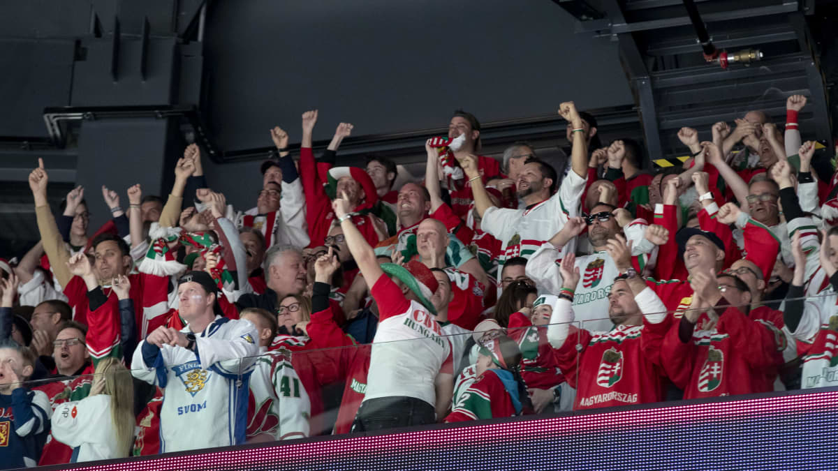 Unkarin fanit juhlivat jääkiekon MM-kisojen ottelussa.