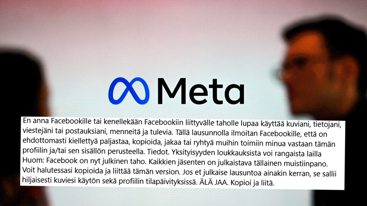 Metan logo, kaksi ihmistä ja tekstinpätkä.
