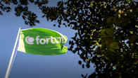Green flag with Fortum logo, atop a flagpole and blowing in the wind, surrounded by leafy trees.