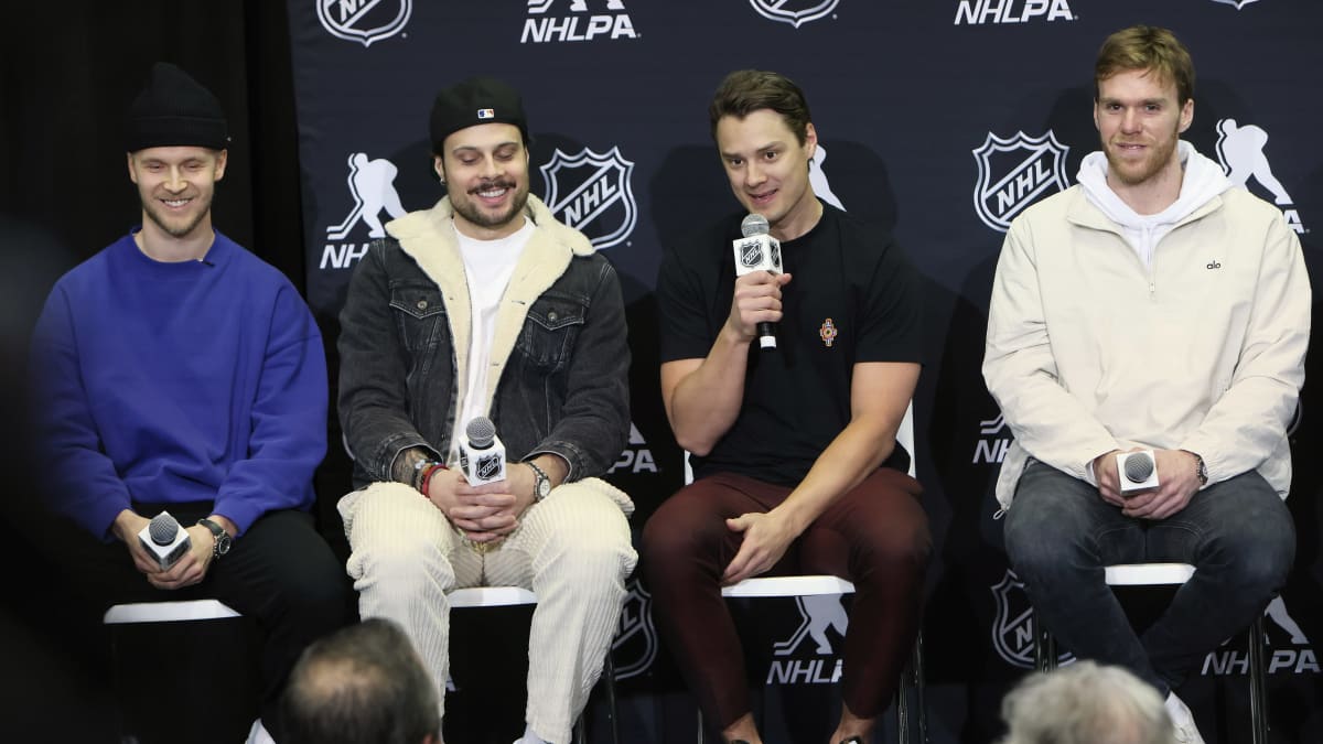 Elias Peterson, Austen Matthews, Sebastian Aho and Connor McDavid at the NHL media conference on February 2, 2024.