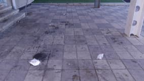 Tummalla nesteellä sotkettu tummanharmaa pihalaatoitus.
