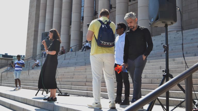 Social Democrat MP Nasima Ramzyar at the Mass Protest against the new Finnish Immigration Policy in Helsinki 27 June 2023.