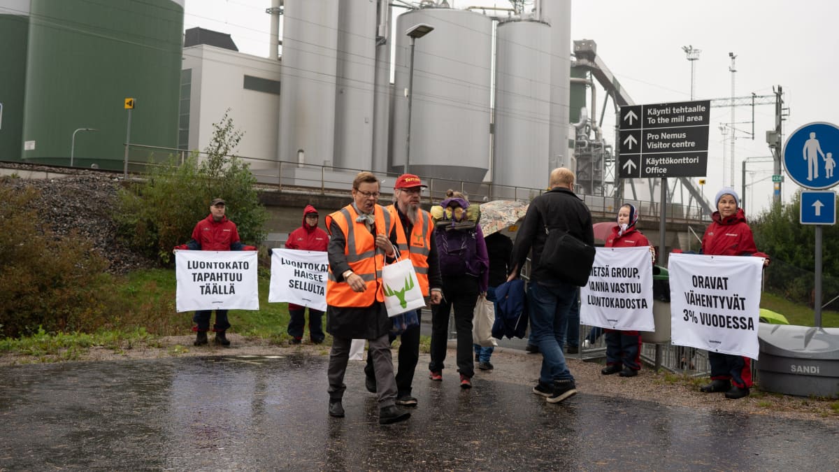 Mielenosoittajia ympäristöaiheisten kylttien kanssa seisomassa sateisella tehdasalueella, tehdas taustalla.