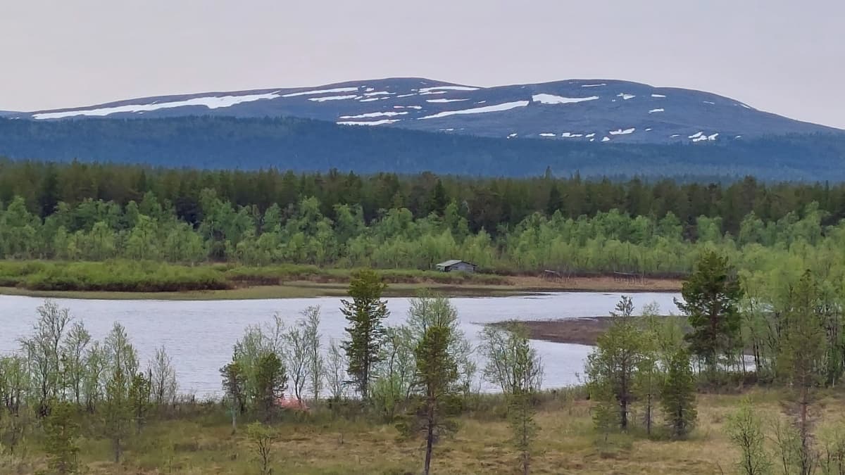 Tunturimaisemaa, Pyhäkeron rinteillä on vielä lunta 12.6.2023. 