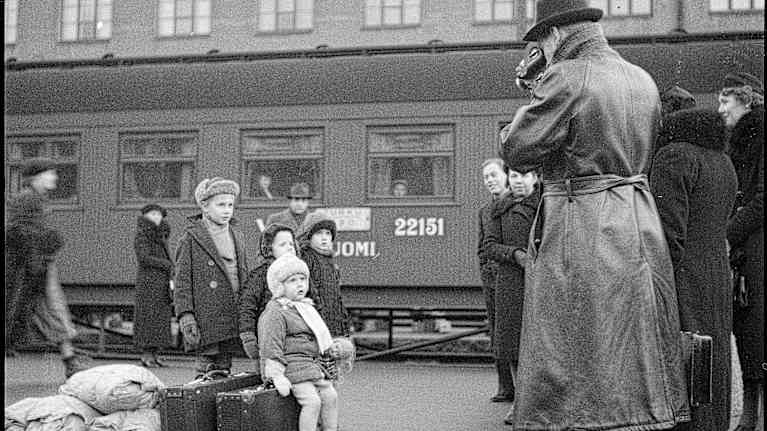 Evacuees at Helsinki train station a few minutes before bombing 30.11.1939.