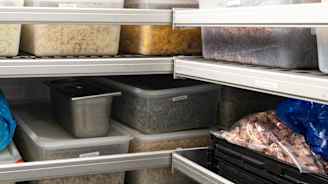 Isossa kylmähuoneessa on ruoka-astioita täynnä valmiiksi pilkottuja ruokia.