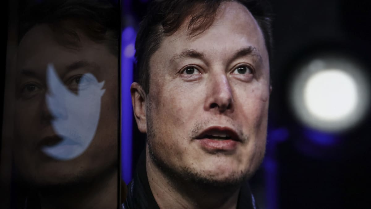 Elon Musk näkyy hartioista ylöspäin ja hän katsoo yläviistoon. Muskin vasemmalla puolella näkyy näyttö, jossa on Twitterin logo ja jonka pinnasta heijastuvat Muskin kasvot.