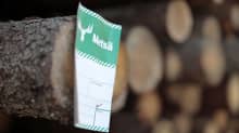 A green and white card saying Metsä Group, attached to the end of a log.