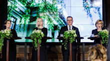 Finland's new government standing at podiums: (from left) Sari Essayah, Riikka Purra, Petteri Orpo and Anna-Maja Henriksson.