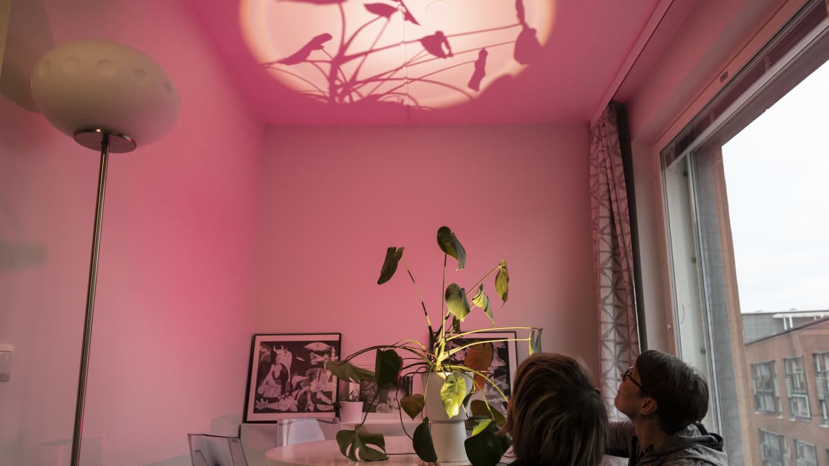 Kuvassa Anne Roininen ja Jutta Hjorth tekemässä valoteosta Hjorth asuntoon.