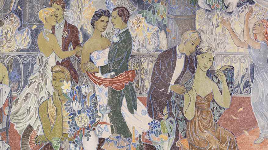 Isossa seinämaalauksessa kuvattuna juhlat, joissa ihmisiä tanssimassa kauniit vaatteet päällä, etualalla nainen tupakoi pöydän ääressä. Tove Janssonin teos.