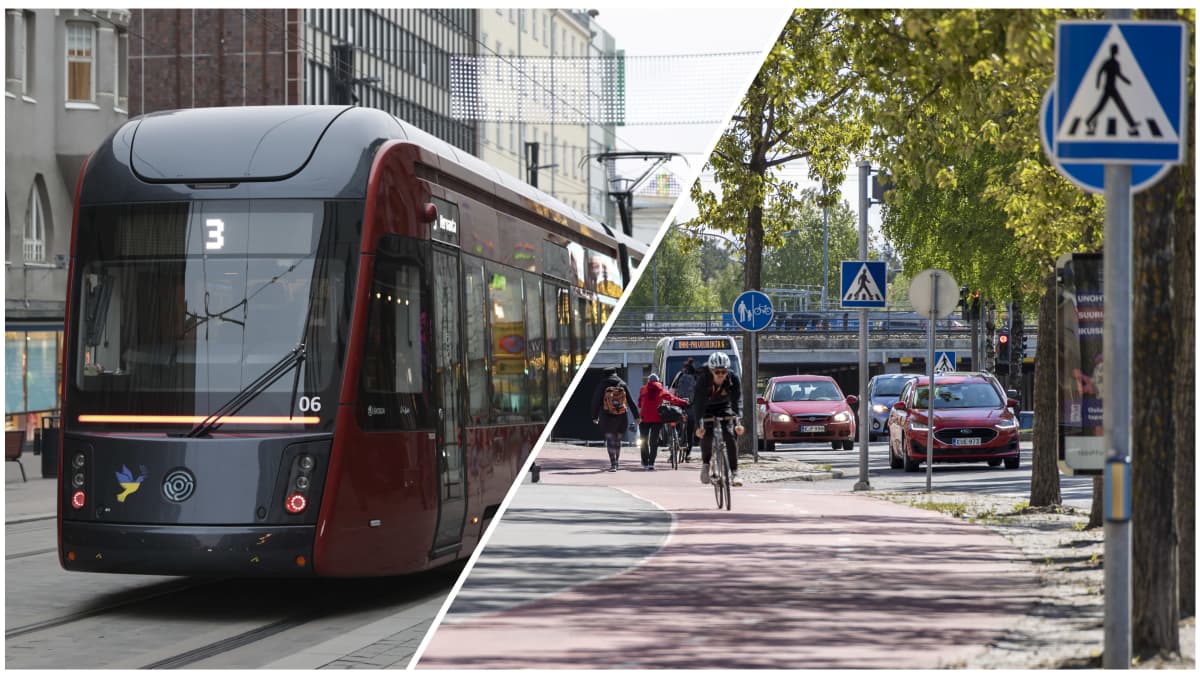 Kaksoiskuva, jonka vasemmassa reunassa raitiovaunu ajaa Tampereen Hämeenkatua, oikealla puolen Oulun pyöräilybaana.
