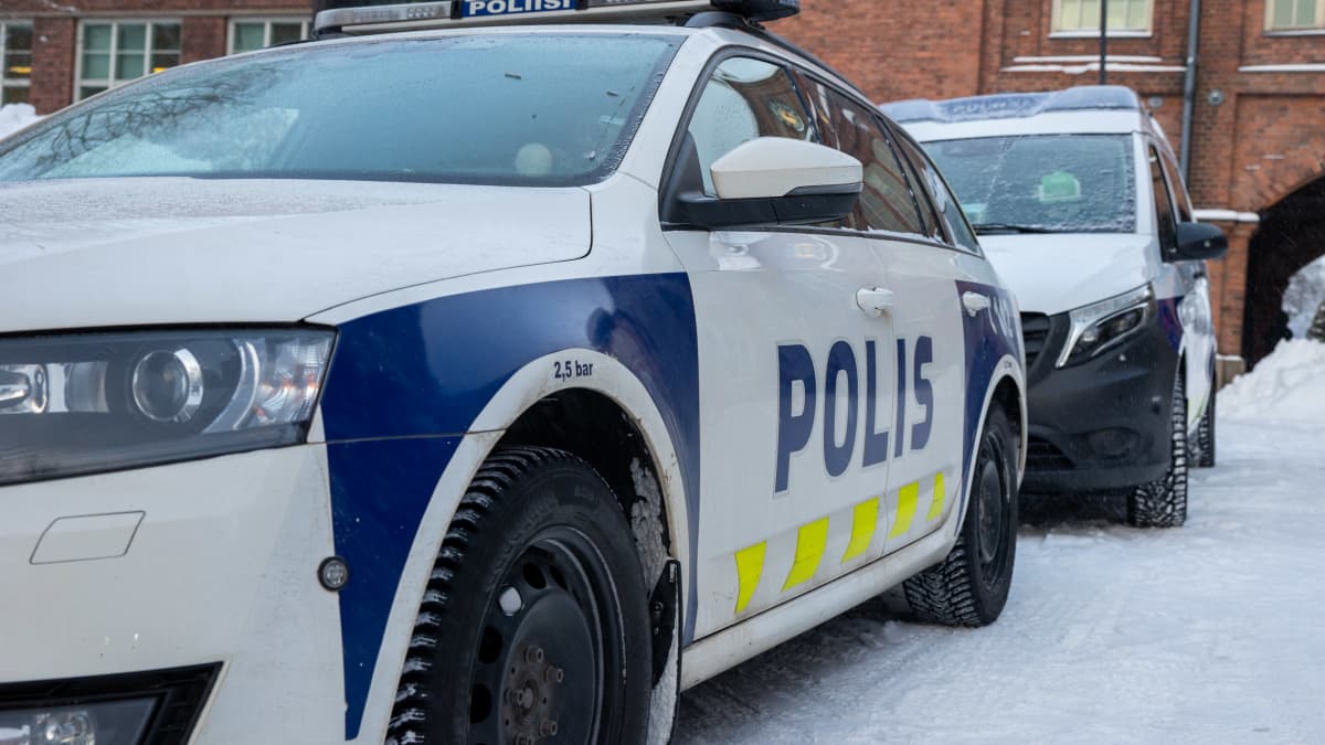 Kaksi poliisiautoa pysäköitynä peräkkäin lumisessa maisemassa oikeustalon edessä