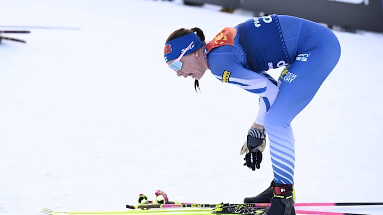 Kerttu Niskanen blowing after the combined competition in Val di Fiemme.
