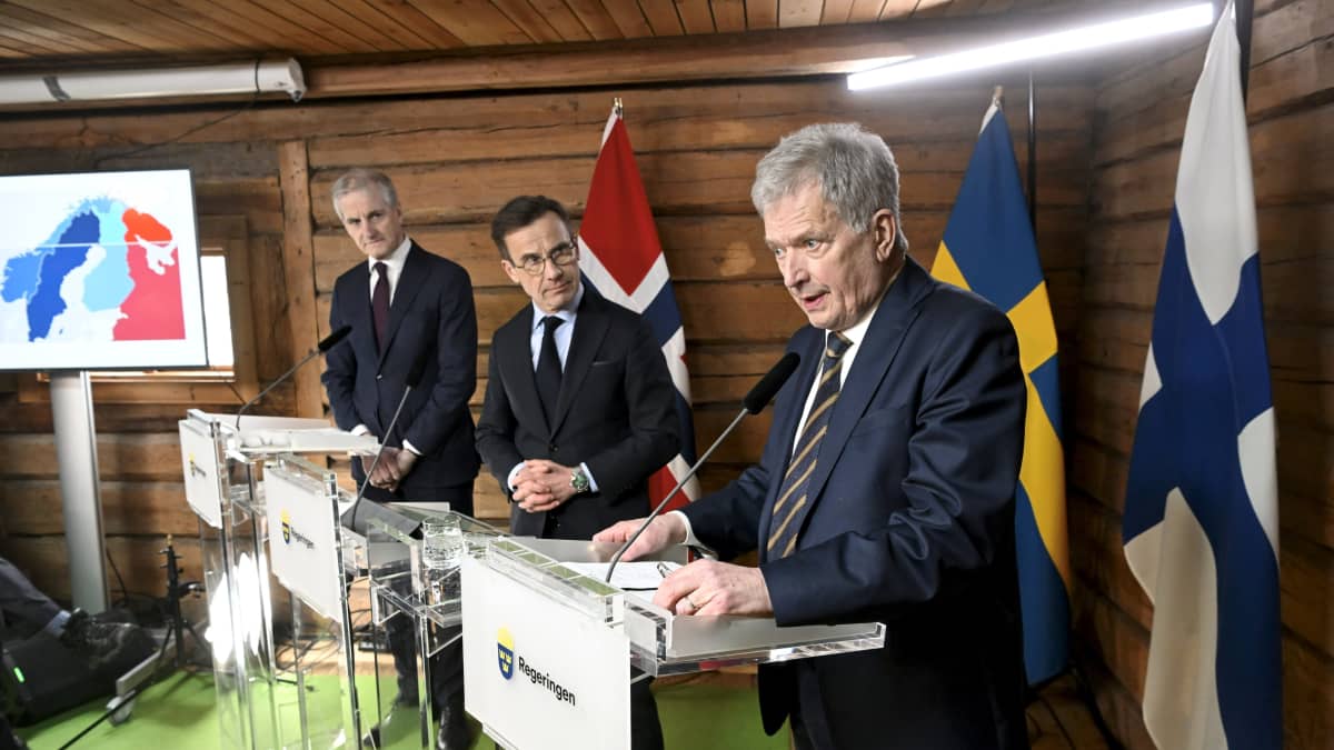 Norwegian Prime Minister Jonas Gahr Store, Swedish Prime Minister Ulf Kristersson, and Finland's President Sauli Niinisto