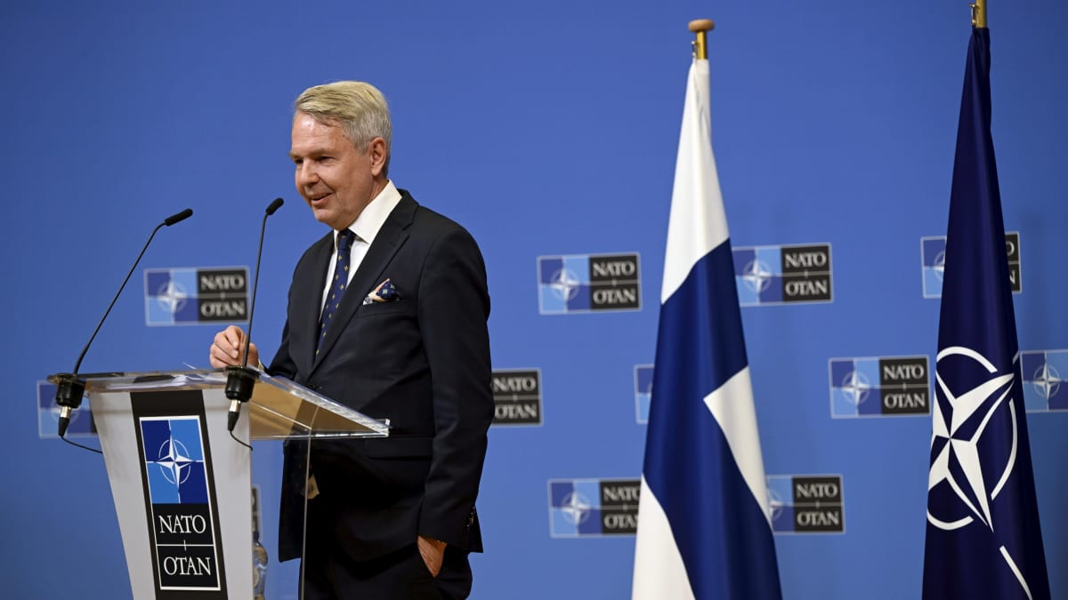 Pukuun pukeutunut ihminen puhujan korokkeen takana. Toisella puolella Suomen ja Naton liput.