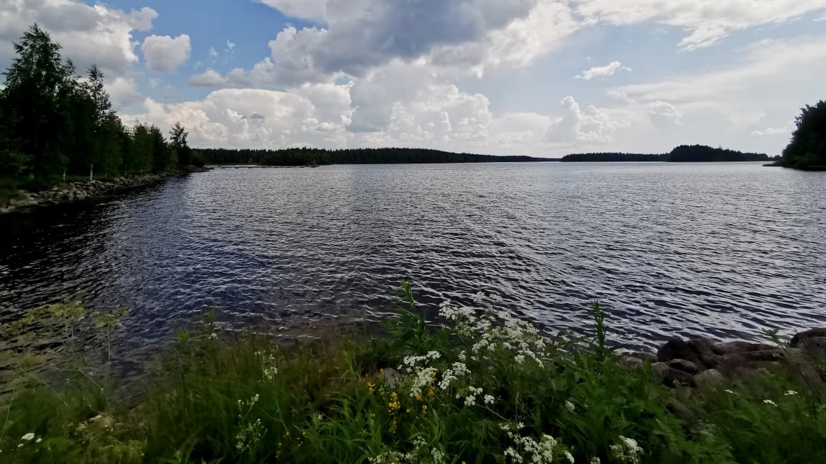 Kesäpäivän maisema Oulujärveltä. Kumpupilviä, järvi ja saaria. 