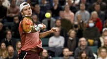 Otto Virtanen tenniksen ATP-haastajaturnauksen pääsarjan ottelussa Helsingissä 8. marraskuuta 2023.