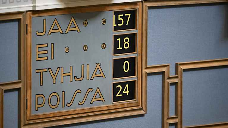 Äänestystaulu eduskunnan täysistunnossa.