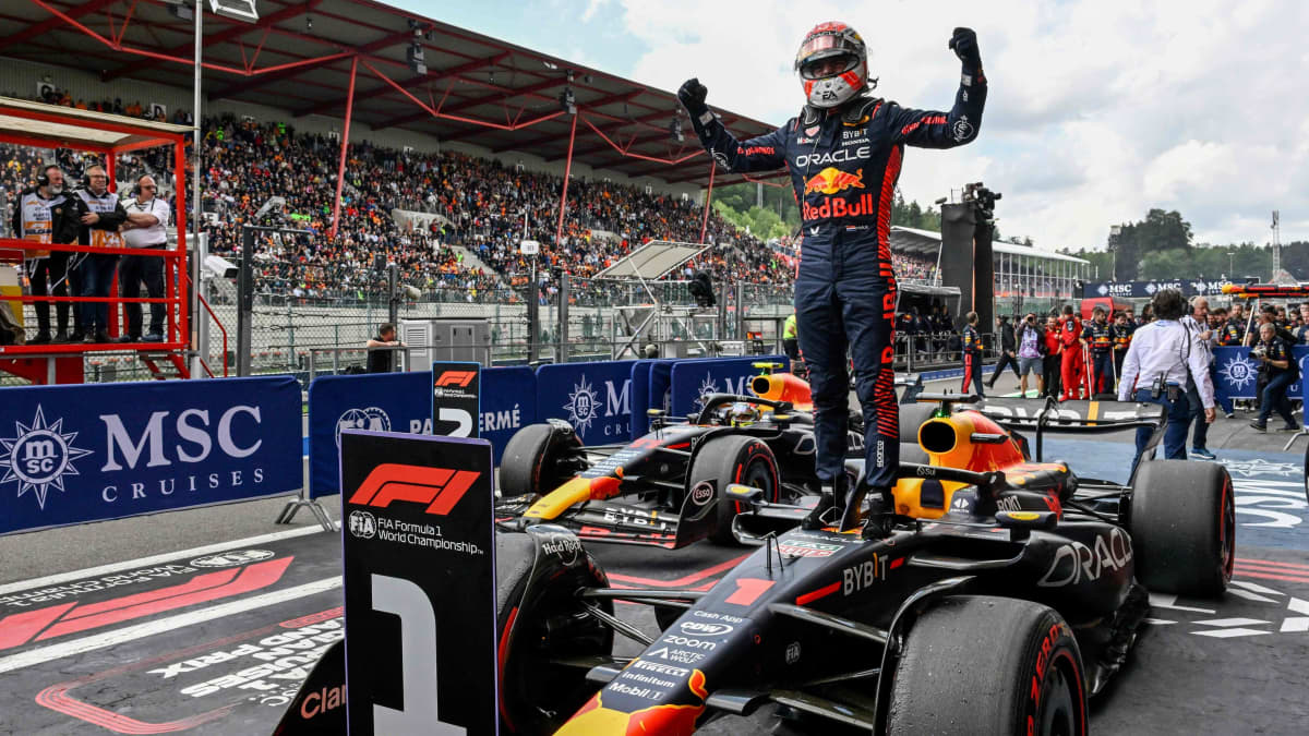 Max Verstappen seisoo auton päällä ja juhlii.