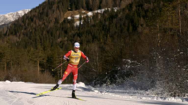 Image 20: Johannes Hösflot Kläbo competing in the 20km free interval start race in Toblach in 2024.