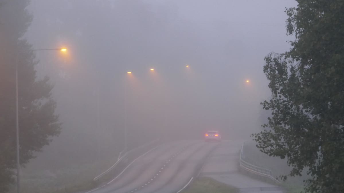 Sumuinen aamu Espoossa. Katuvalot ja katu, auton perävalot sumun keskellä. 