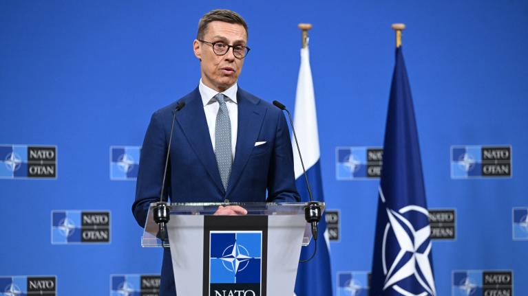 Alexander Stubb at a press conference at Nato HQ in Brussels.