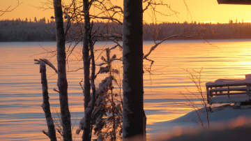 Talviaamun aurinko järven rannalla. Puu ja laituri pilkistää reunalta. 